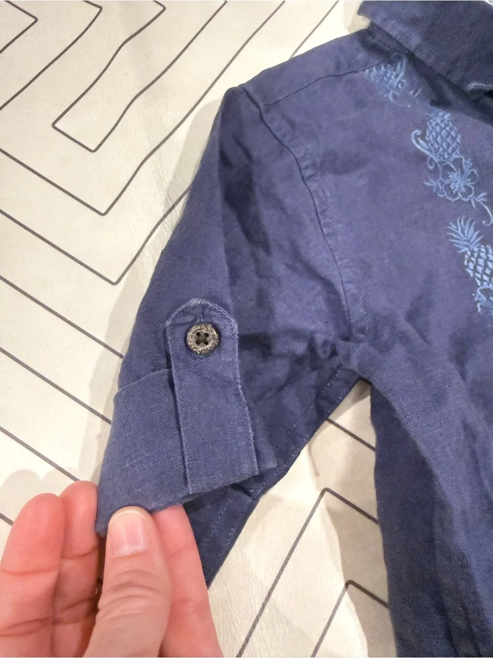 Janie and Jack Blue Short-Sleeve Button-Up Shirt with Hawaiian Embroidery